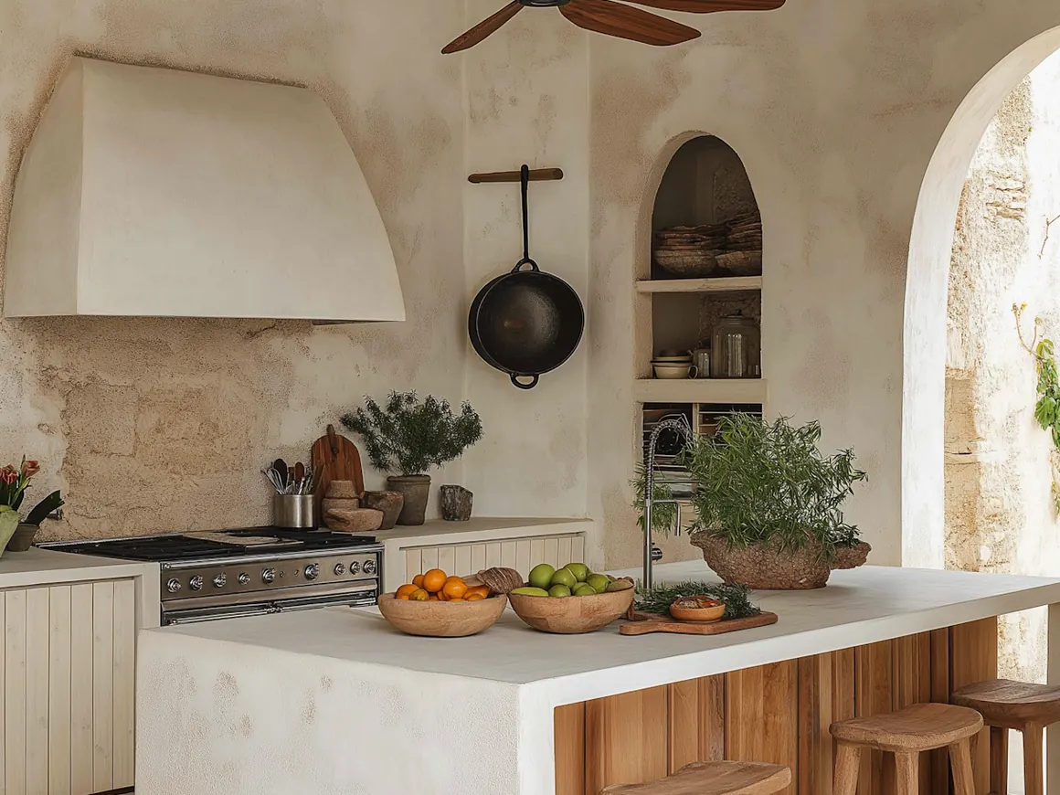 Great room with hand-troweled plaster hood, arched niche and wood island